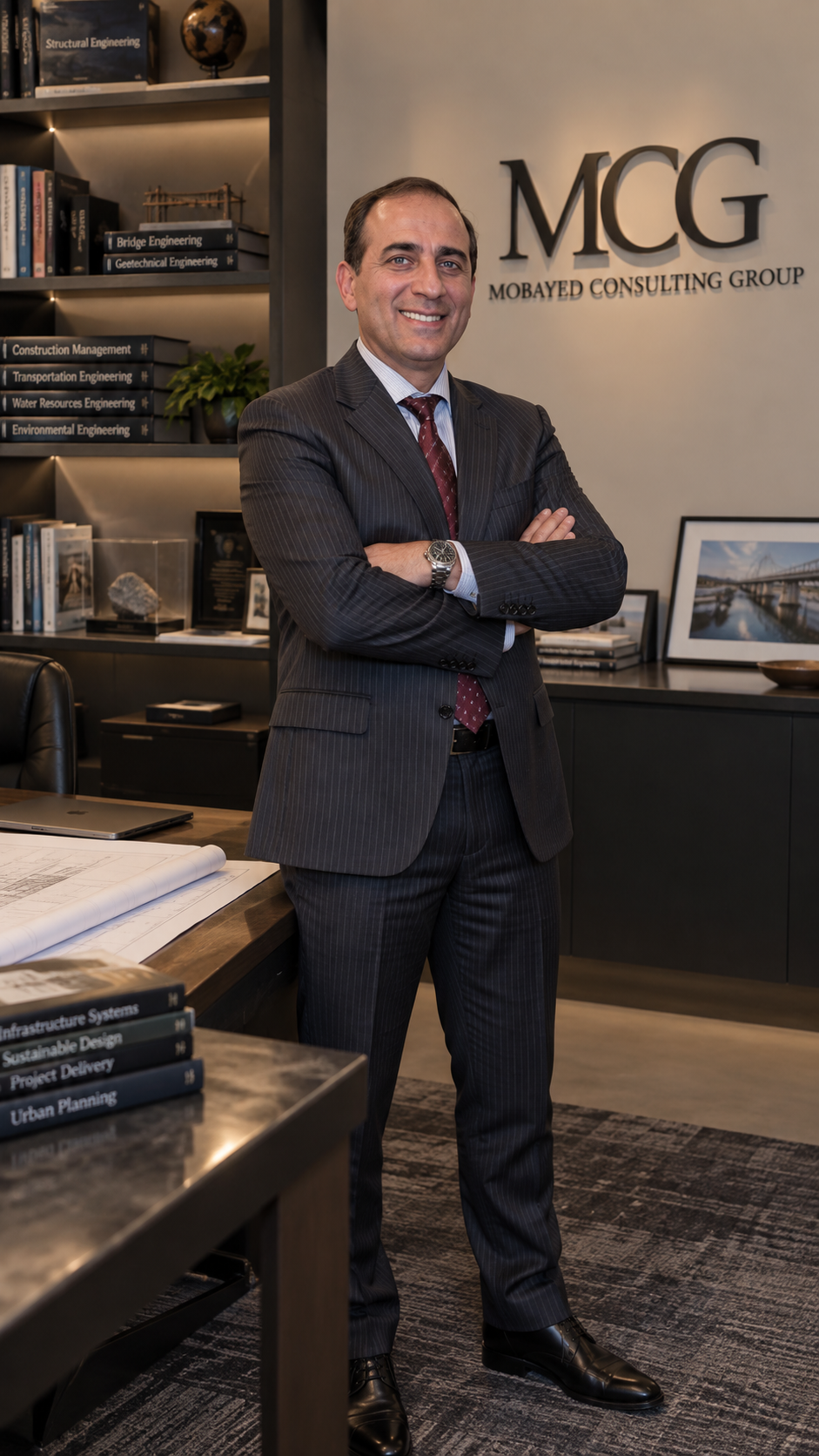 Portrait of Omar Mobayed, S.E., founder and principal structural engineer of Mobayed Consulting Group, standing in the MCG office